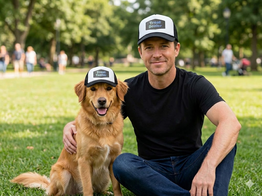 Dad Treat Dealer trucker hat mockup with dog