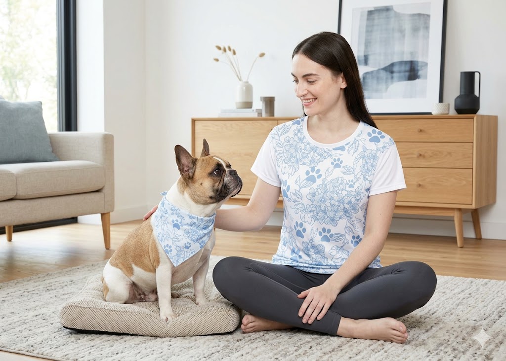 Woman and French Bulldog wearing a matching dog mom t-shirt and dog bandana set with a minimalist botanical floral paw print design.