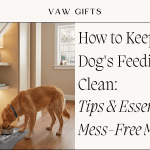 FEatured image with article title and dog eating under stairs using a grey custom name mat by VAW Gifts.