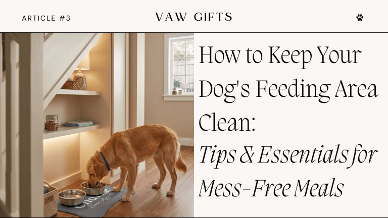 FEatured image with article title and dog eating under stairs using a grey custom name mat by VAW Gifts.