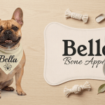 A clean, flat-lay or lifestyle shot showing a happy French Bull dog wearing the beige custom name paw print bandana while sitting next to a styled feeding station with the custom name bone-shaped feeding mat.