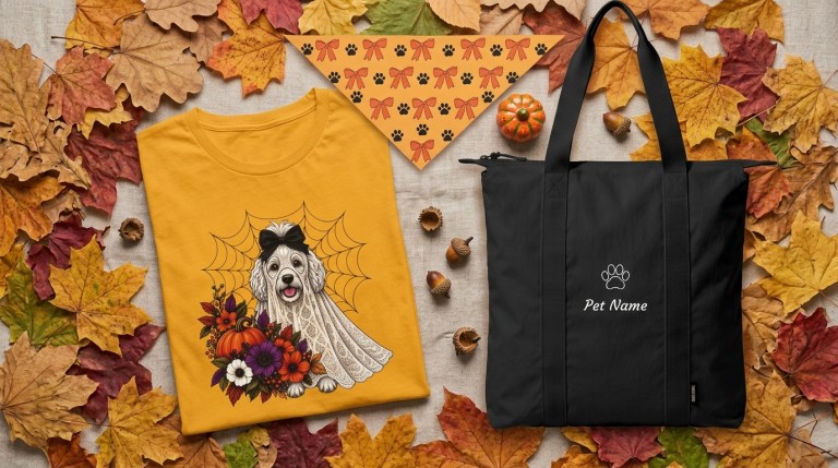 Halloween apparel for dog mom and dog on an autumn walk