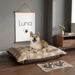 Custom Name Dog Bed and personalized wall art in a stylish modern dog nook setup