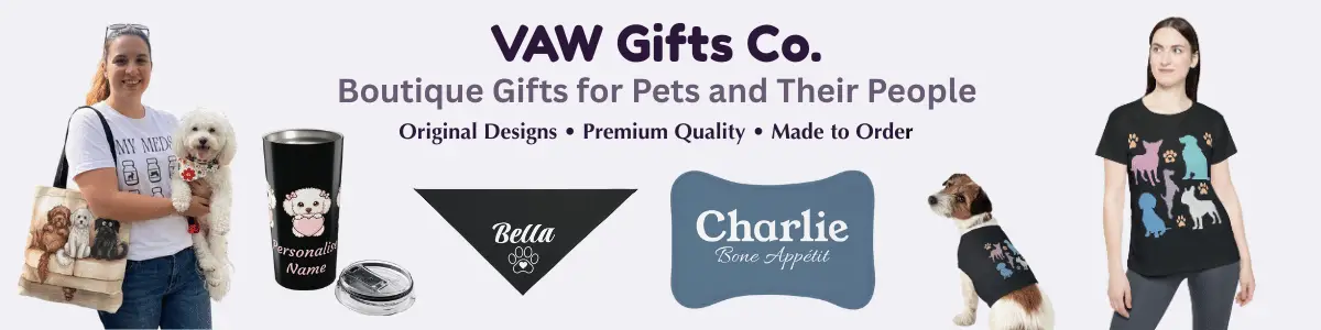 VAWGiftsCo Etsy shop banner featuring custom pet accessories and gifts.